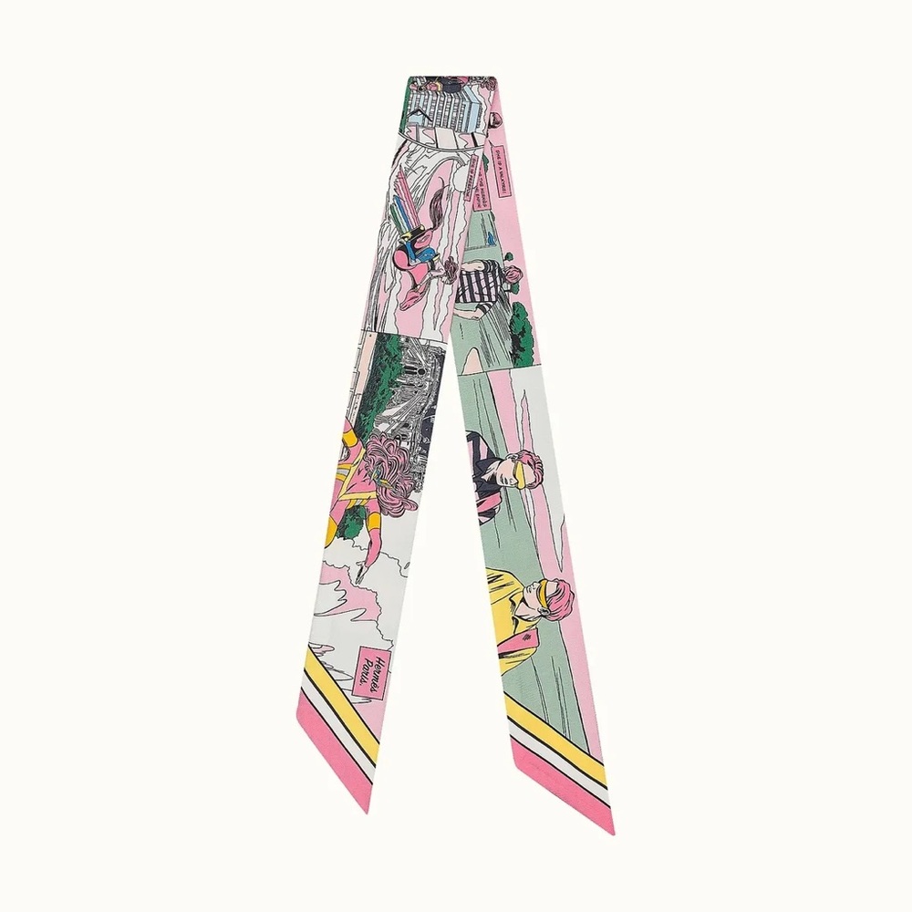 Hermes Pink and White Twilly Scarf